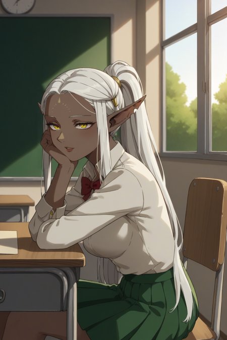 score_9, score_8_up, score_7_up, source_anime, 1girl, prefect lighting, very aesthetic, intricate details, highly detailed background, masterpiece, high quality, prefect hands, best quality, solo,
<lora:Cithis_Dungeon_Meshi_V3:.85>, yellow eyes, dark elf, pointy ears, elf, forehead mark, dark skin, white hair, long hair, half-closed eyes, notched ear, ponytail, 
tschool, classroom, desk, window, trees,
white collared shirt, black pleated skirt, red bowtie,
happy, parted lips, sitting, sitting on chair, head rest, from side,
(Beautiful, medium Breasts:1.2), natural breasts,