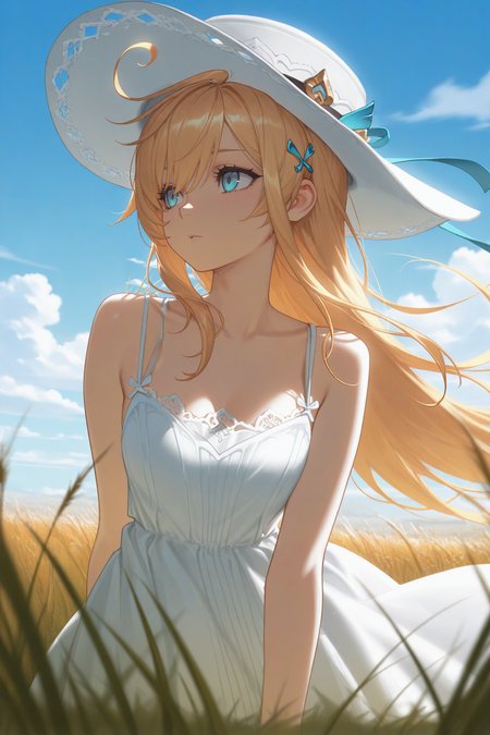 masterpiece, best quality, 1girl, solo,  <lora:escoffier-illu-nvwls-v1-000007:1> gsesc, blonde hair, long hair, ahoge, blue eyes, white hat, hair ornament, white sundress, lace trim, spaghetti straps, tall grass, blue sky, field, looking to the side, hdr, clouds