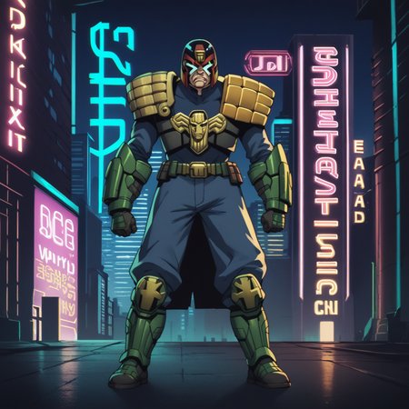 score_9,score_8_up,score_7_up,score_6_up,score_5_up,score_4_up,source_anime BREAK judge dredd,armor,helmet,scowling,black visor,full body shot,<lora:Judge_Dredd_Comic_Style_v2_Pony_SDXL:0.8>,cover art,cyberpunk city,dark city,neon lights,
