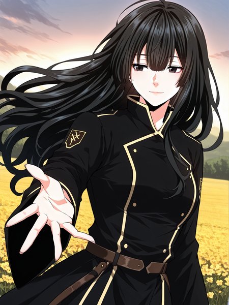 <lora:Kathyln_Glayder__The_Beginning_After_the_End__Illustrious-000009:1>
1 girl, solo, black eyes, brwon eyes, very long hair, black hair, bangs, wavy hair, ahoge, hair between eyes, black uniform, long skirt, black thighhighs, balck footwear, sidelocks, long sleeves, belt, frills
score_9, score_8_up, score_7_up, very aesthetic, source_anime, detailed, high quality, beautiful, masterpiece, detailed eyes, field, blurry background, pose dynamic angle, upper body, cowboy shot, light smile, looking back, reaching out, floating hair, <lora:iLLMythG0thicL1nes:1>