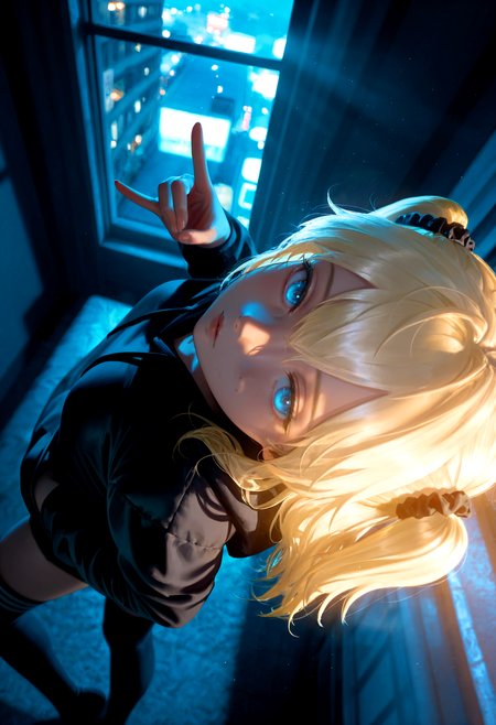 HDR, 8K, high contrast, masterpiece, best quality, amazing quality, very aesthetic, superabsurd res, high resolution, ultra-detailed, absurdres, newest, scenery, (horikoshi kouhei:0.3), (quasarcake:0.3), (wlop:0.3), light rays, chiaroscuro, dynamic angle, face focus, straight on, from above, close up, tm_emily, blue eyes, blonde hair, petite, two side up, scrunchie, black hoodie, black striped thigh high socks, looking at viewer, sleepy, bedroom eyes, \m/, one hand in pocket, leaning back, bedroom, messy, dimly lit, window, night, glowing, cyberpunk, partially illuminated, (backlighting), Intricately designed, Mysterious Shadows, BREAK, photorealistic, beautiful detailed eyes, detailed skin, detailed hair, volumetric lighting, dappled light, light particles, dramatic shadows, cinematic lighting, photo background, depth of field, <lora:ponyxl\cfg_scale_boost:0.8> <lora:IL\KMS_TM_Emily_IL-000003:0.8>