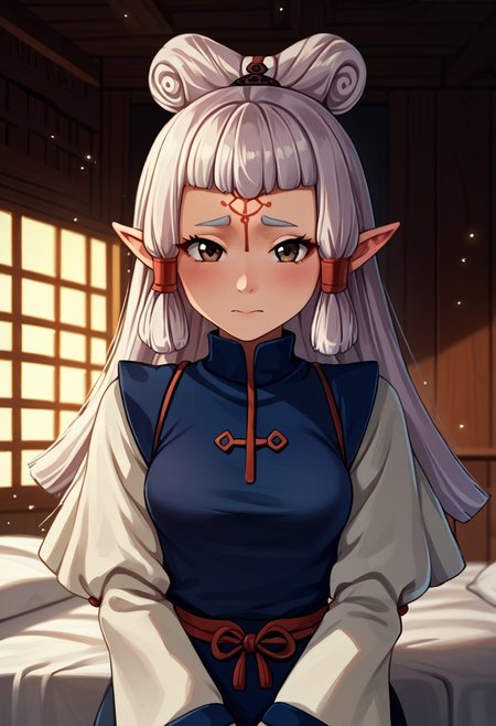score_9, score_8_up, score_7_up, score_6_up, score_5_up, score_4_up, source_anime, , (best quality) , (highly detailed) , (best quality) , (highly detailed) ,((masterpiece)), ((best quality)), (ultra-detailed), ((extremely detailed)), (high resolution), 4K, (8K), best quality, (beautiful), (dynamic lighting), (super detailed skin), sharp focus, (1_girl, solo focus), masterpiece ,absurdres ,detailed face ,beautiful face , bowpaya, paya, elf ears, pointy ears, White hair,  pointy ears, brown eyes, forehead mark
 light rays, (light particles), 
chinese clothes, turtleneck, long sleeves, wide sleeves,, indoors, sitting, bed, bed room, blush, drunk, looking at viewer, solo, cowboy shot, dutch angle
 (portrait, upper body), OverallDetail,