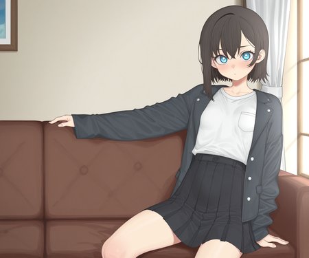 masterpiece, best quality, amazing quality, , 1girl, solo,  looking at viewer, shirt, skirt, jacket, <lora:DECO style ILL-v2:1> decostyle, detailed background