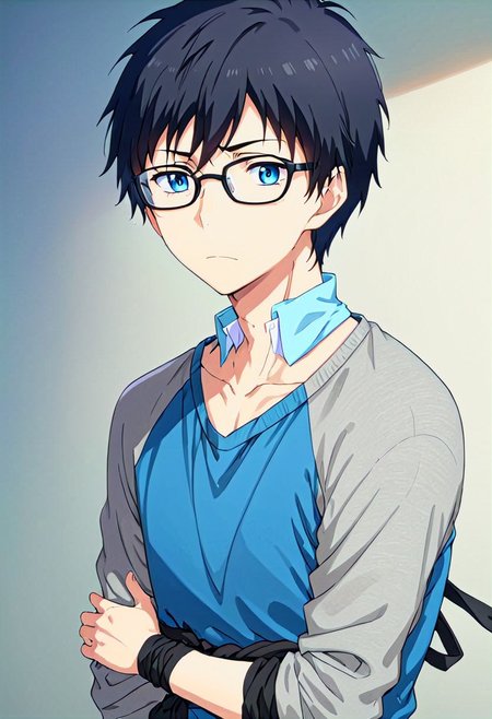 high resolution, solo, best quality, 1Boy, Arata Kaziaki, Black Hair, Blue Eyes, bound, tied up, glasses, first time, raglan,