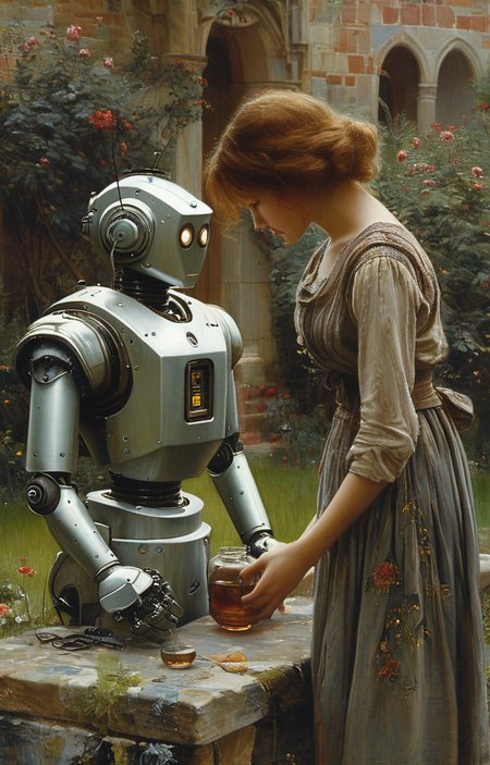 masterpiece,best quality,<lora:tbh201-sdxl:0.9>,illustration,style of Edmund Leighton
 portrait of Housework robots