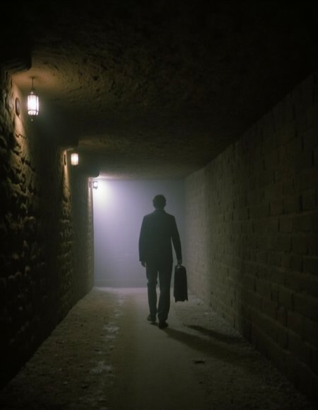 creepy scene, inside a cave with minor lighting hanging off of the side walls, foggy, in the far back distance there is a shadowy figure of a man holding a suit case,  creepy ambiance,  <lora:Eeriephotosflux:1> low quality, grainy, flash photo
