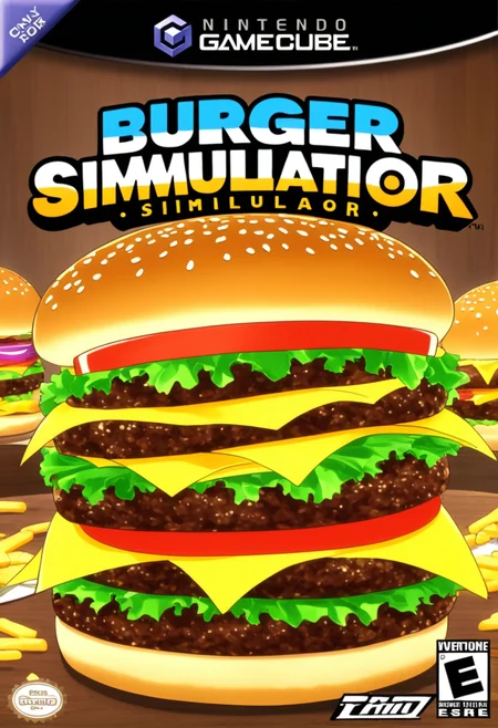 anime artwork <lora:GCNBoxArt:1> GCNBOXART, "burger simulator", title, food_focus, no_humans, . anime style, key visual, vibrant, studio anime,  highly detailed