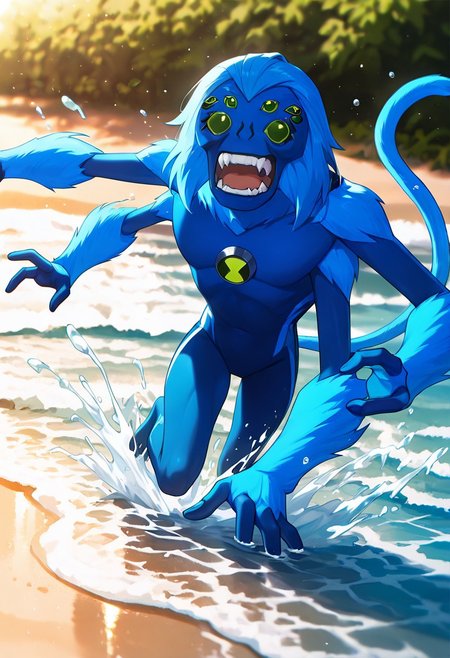 masterpiece, best quality, amazing quality, very aesthetic, absurdres, newest,, detailed background, 
spidermonkey, extra eyes, solo, blue skin, extra arms, long blue tail, , green eyes, teeth, blue hair, , teeth, fangs, four arms, 
bright day, on beach, swimming, splashing water, depth of field, foreground blur, splashes,