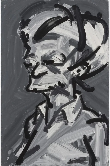 fraauer1 abstract painting. a monochromatic, abstract painting created with thick, bold brush strokes in shades of black and white on a dark gray background. The artwork features a stylized, simplified of homer Simpson, rendered with an expressive, almost surrealistic approach. The subject's face is abstracted, with exaggerated features and an emphasis on the emotional intensity of the expression. <lora:fraauer1_cap_d6a3:1.0><lora:811780756604107077:0>