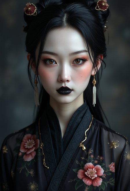 breathtaking A highly detailed, realisticpicture  of a Chinese Zixia woman 28yo with a pale complexion, dark straight hair in an elegant updo with a few loose strands framing her face, intricate makeup , deep black lips, wearing a high-collared garment with floral patterns in a dark, muted palette, against a dark gradient background, emphasizing her enigmatic and mystical aura,, high resolution, rich textures, and contemplative mood. Dark makeup,
. Her eyes are a deep piercing and  brown
<lora:FluxMythP0rtr4itStyle:0.5> mythp0rt . award-winning, professional, highly detailed