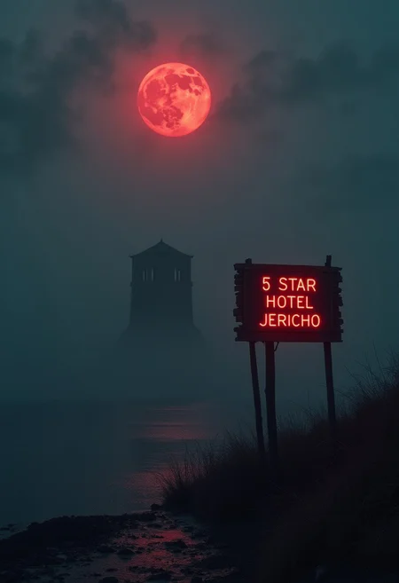 mysterious, fog shrouded landscape illuminated by a blood moon, smokey clouds, looming darkness, heavy fog, eerie feeling, very dark, deep black, deep 
dark shadow, dark ruined tower in distance, dim moonlight, reflections in water, spectres, shapeless evil, wood and neon signpost in foreground with text "5 Star Hotel Jericho", moody chiarosquro lighting, hyper-detailed, realistic, professional photoshoot, 50mm lens