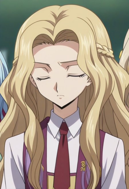 anime screencap, masterpiece, best quality, Code Geass anime art style, <lora:Nunnally_Lamperouge:1>Nunnally Lamperouge, 1girl, ashford academy school uniform, long hair, necktie, school uniform, closed eyes,