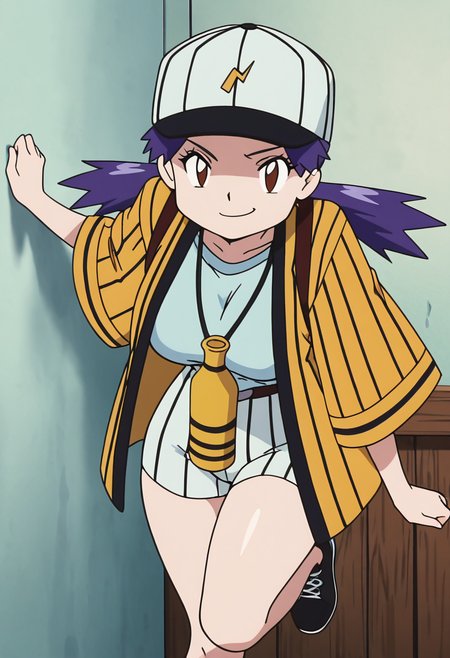 masterpiece, best quality, solo, curvy, beautiful eyes, aged up, large breasts, narrow waist, wide hips, 1girl, solo, smile, looking at viewer, zzCasey, brown eyes, blue hair, twintails,   baseball cap, yellow jacket, open jacket, stripes, wide sleeves, white shorts, striped shorts  <lora:CaseyBaseballBeauty_IXL:1.0>, leaning on wall, one leg bent, smug, looking at viewer,