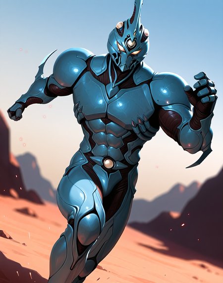 perfect depth of field shot, masterpiece, beautiful, sharp focus, crisp details,
<lora:Guyver_(Guyver)_(Illustrious)_(AD):1> Guyver, bioboosted armor, 
exterior, science fiction, high science fiction, action anime style background, 
dynamic action, dynamic perspective, dutch angle, bent knee, cowboy shot, 
male focus, perfect proportions, abs, impressive physique, gradient style anime coloring, strong, handsome facial features, imposing presence, ((colored body, fighting scene, solo, ):1.5), hyper muscular,
EZRealPONYXL, zPDXL, Smooth Quality, lazynsfw,