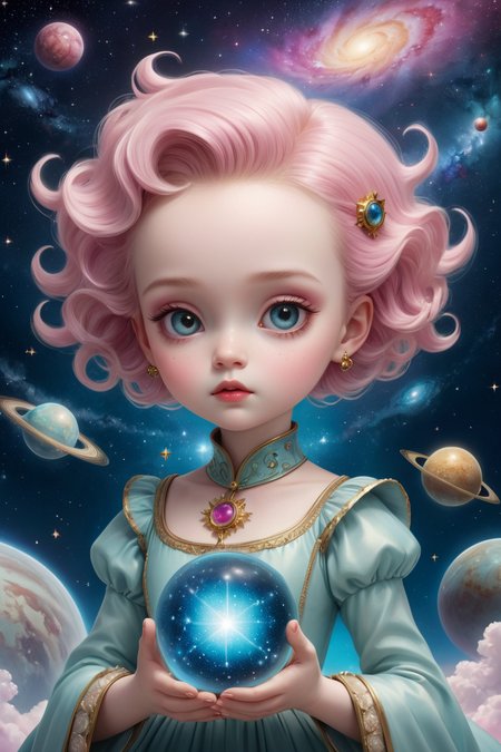 mark ryden,  ray caesar,  lowbrow style,  masterpiece,  best quality,  highly detailed,  sharp focus,  dynamic lighting,  vivid colors,  texture detail,  particle effects,  storytelling elements,  narrative flair,  16k,  UE5,  HDR,  subject-background isolation,  Nebula-Wandering Starchild,  A cosmic traveler adorned with swirling galaxies and shimmering stardust,  their eyes hold the secrets of the universe.
