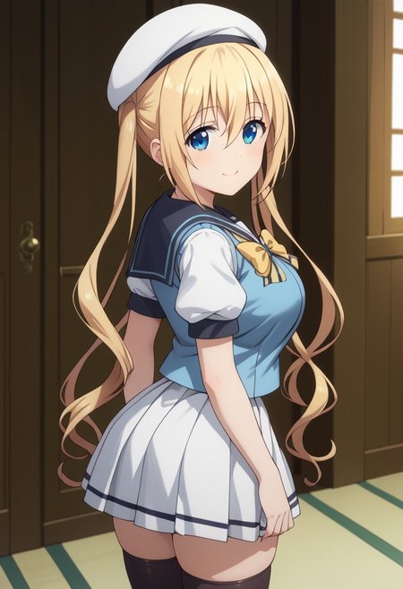 score_9, score_8_up, score_7_up, score_6_up, source_anime, 
detailed eyes, eye reflection,
kaho hinata, blonde hair, blue eyes, hair between eyes, long hair, sidelocks, twintails, large breasts
bow, hat, puffy sleeves, short sleeves, serafuku, puffy short sleeves, yellow bow, shirt, beret, sailor collar, skirt, vest, dress, thighhighs, black thighhighs,
1girl, blush, smile,
looking back at viewer,