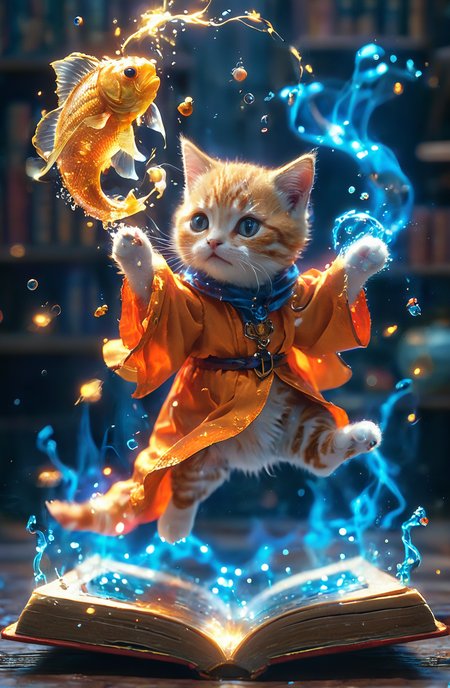 amazing quality, masterpiece, best quality, hyper detailed, ultra detailed, UHD, perfect anatomy, magic world,
(kitten and fish:1.4), fish in the air, spell magic to get fresh fish as food,( fish jumping from magic book:1.3), energy flow,
a full body of a cute kitten, kawaii, wearing witches robe, witches hat, holding magic book, magic book on one hand, spell magic,
<lora:Fantasy_Wizard__Witches_SDXL:0.75>, hkmagic,
<lora:add-detail-xl:1.0>,
<lora:EnvyBetterHiresFixXL01:1.0>,
<lora:extremely_detailed:1.2>, extremely detailed,
<lora:glowneon_xl_v1:0.75> glowneon, glowing,