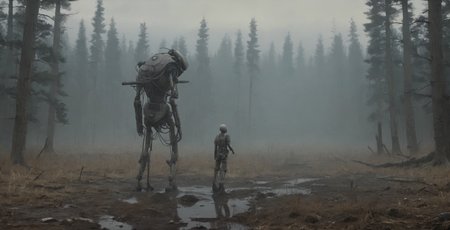 best quality, masterpiece, raw photo, 8k, uhd, cinematicpainting, a ((humanoid giant,164 feet:2)) walking throungs mountains and forest ,   <lora:Cinematic_Painting_XL_V02:1>