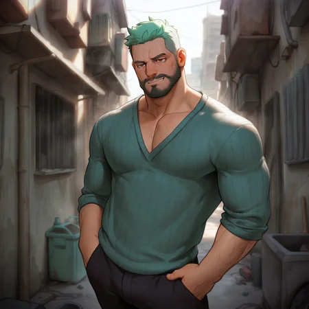 <lora:tevit-ill-v1:.7>, ((t0v1t1ll)), ((walking away look back at the viewer, slums, v-neck sweater, mint green hair, day, Medium long shot))
(very short hair, beard, bara, mature, facial hair, stubble, beard, full beard, sideburn, beard, a lot of beard, ), facial hair,male focus, muscular male, muscular male, bara, mature,  bara, mature,  very awa, masterpiece, best quality, absurdres, newest, perfect quality, detailed background, intricate details,
<lora:slider_Body Type_alpha1.0_rank4_noxattn_last:3><lora:slider_cfg_scale_boost:.7>,<lora:slider_il_brightness_slider_d1:-1><lora:slider_il_contrast_slider_d1:-1><lora:slider_DarkSlider1.2_alpha1.0_rank16_full_300steps:-.6>