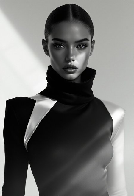 Minimalist Grace, A striking portrait of a woman adorned in a sleek, geometric dress—deep black fabric with razor-sharp white accents; her gaze is intense, bold yet serene, as if she holds secrets in her silence. Around her, shadows play with glimmers of soft, diffused light, creating an ethereal silhouette. The background is stark, almost weightless, amplifying her presence—a minimalist vision, yet bursting with quiet elegance. High contrast, cinematic lighting, and a whisper of metallic sheen on the fabric. Editorial, timelessly chic.