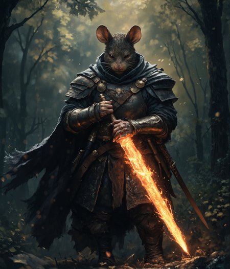 cinematic photo highly detailed portrait of a wise old mouse warrior (intricate armor:1.4) in a dark woolen cloak with a flaming sword covered in ornage flames, (fur:1.4),deep dark forest background, (shallow depth of field:1.4), foliage, global illumination, radiant light, detailed and intricate environment #cinematic, light shafts, dust motes  sparkles, (Extremely Detailed Oil Painting:1.2), glow effects, godrays, Hand drawn, render, 8k, octane render, cinema 4d, blender, dark, atmospheric 4k ultra detailed, cinematic sensual, Sharp focus, humorous illustration, big depth of field, Masterpiece, colors, 3d octane render, 4k, concept art, trending on artstation, hyperrealistic, Vivid colors, extremely detailed CG unity 8k wallpaper, trending on ArtStation, trending on CGSociety, Intricate, High Detail, dramatic . 35mm photograph, film, bokeh, professional, 4k, highly detailed