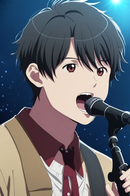 high resolution, solo, best quality, 1Boy, Inaho Kaizuka, Black Hair, singing, portrait, dept of field, virtual concert, playing musical instrument, OverallDetail