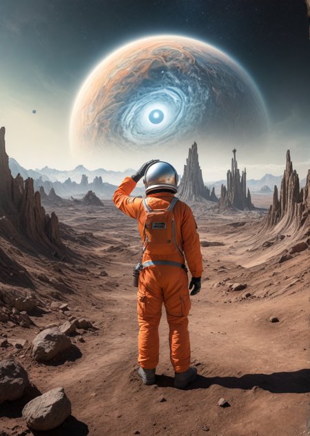 (pui:0.01) An intrepid explorer standing calmly in front of a catastrophic scene on a distant planet, (one hand lifted over head:1.24) waving at viewer, (waving cheerfully:1.18), reflective visor, helmet's smiling visor obscuring their expression, a giant black hole in the distance, a  observatory dome, a crystalline stream, a lively city square with holographic theories, intricate, gravitational riddles etched into the ground, the explorer's confident posture, 
(bright anomaly:1.31), (jarring contrast:1.12), (eye-catching:1.29), (surreal juxtaposition:1.1),(trending:0.92) (masterpiece:0.66), (RAW:0.69),(high resolution photograph:1.28),high definition,masterpiece, best quality, (aesthetic:0.87), <lora:LCMTurboMix_Euler_A_fix.safetensors:0.96:0.3> <lora:sdxl\Hyper_Realism_Pony_XL.safetensors:0.85:0.18> <lora:sdxl\add-detail-xl.safetensors:0.88:0.10  p18,s99