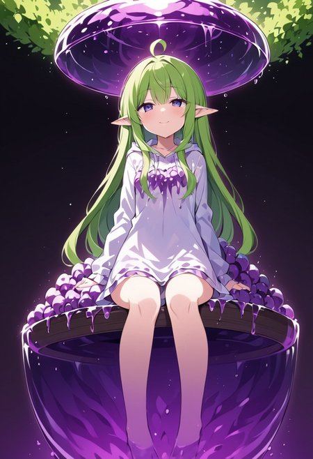 (masterpiece), (score_9, score_8_up, score_7_up,source_anime), 4K8K, best quality, high res image, illustration, Uncorrected, CG, 
(girl view from below. look-up angle:1.3), from front, 
1 elf woman sitting on a giant white grape slime, pretty white slime, (lot of white grape cubes around woman), (hair over breasts, long hair, hair censor:1.4), twinkle grape cube, 
slime, slime like a  grape, grape slime, see-through violet slime, 
BREAK
small breasts, elf ears, 
(gradient hair, green hair, very long hair, Bangs covered eyes, ahoge, hair over breasts, hair censor), 
(hair blind eyes, half opened eyes, jitome, smile), 
wearing hooded robe, linen dress, culottes, denim short culottes, 
in orchard, fruit orchard, fruits trees,