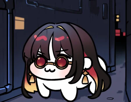 masterpiece, best quality, doro, :3, chibi, no pupils, solid circle eyes, full body, white skin, all fours, 1girl, black hair, jewelry, red eyes,  multicolored hair, colored inner hair, red hair, two-tone hair, long hair, tassel earrings,red-tinted eyewear,  round eyewear, alley, night <lora:moran-nikke-illu-byananas-v1:1>  <lora:doro_xypher_ixl_v1:1>