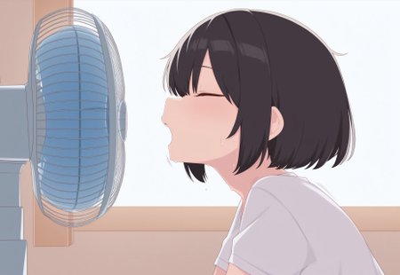 masterpiece, kuma,1girl, short hair, small fan, from side, closed eyes, sweating, open mouth, in front of fan, fan air, hair blowing against fan, hot temperature, white shirt, electric fan, motion lines