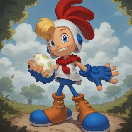 score_9, score_8_up, score_7_up, pinup pose, Expressiveh, looking at viewer, perfect face, colorful, dramatic angle, unique perspective, unique angle, wide angle, grass, egg, holding egg, holding, egg, weird buildings, 1boy, solo, blue gloves, smile, teeth, fingerless gloves, blonde hair, blue eyes, boots, sitting