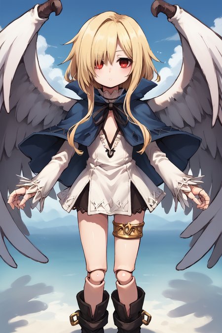 score_9, score_8_up, score_7_up, source anime, <lora:backgroundsetXL:0.3> , background, BREAK, solo, looking at viewer, <lora:No._367__Sannrokunanagou:0.7> , thrdef, 1girl, red eyes, blonde hair, long hair, medium hair with long locks, (hair over one eye), wings, feathered wings, white wings, dress, white dress, short dress, blue cloak, popped collar, neck ribbon, black ribbon, (center opening), long sleeves, thighlet, boots <lora:BJD:0.8> , 1girl, BJD, doll, joints,  <lora:moshimoshibe:0.7> , moshimoshibe,