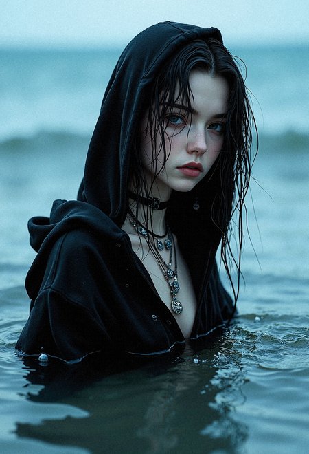 a photorealistic depiction of a woman  in shallow water, her wet, dark hair clinging to her face and neck. She wears an oversized black hoodie that slightly clings to her form, creating folds and textures as it interacts with the water. Her expression is vacant, almost melancholic.Around her neck are several necklaces and chokers with intricate pendants, adding a touch of alternative style to her otherwise minimalist appearance. The water around her ripples softly, reflecting light in shades of blue and creating gentle patterns on her skin. Bubbles and small waves create a dynamic yet serene setting. The background is softly blurred in cool blue tones, enhancing the surreal and tranquil atmosphere. Focus on achieving a high level of detail, capturing the wet sheen on her hair, the subtle textures of the hoodie, and the delicate reflections on the water’s surface.Head tilted to the right, with her hair falling over one shoulder, bubbles forming around her waist.





























