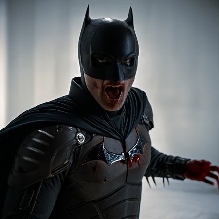 cinematic film still of  cinematic horror style <lora:cinematic horror style - the house of the dead - pony v1.1:0.9>
drawing cinematic horror style a zombie batman with a bloody zombie mouth and cape and fangs posing on white surface, perfect image, perfect body, perfect anatomy, sharp image, detailed image, high quality cinematic photography, dramatic light style, cinematic background, cinematic contrast, cinematic saturation, cinematic film color style, visual artistic composition style, cinematic horror style, solo, open mouth, simple background, teeth, cape, muscular, blood, claws, black cape, looking at viewer, fangs, muscular male, superhero, white background, sharp teeth, cloak, glowing eyes, monster, white eyes, no pupils, blood on hands, black cloak, horror (theme), shallow depth of field, vignette, highly detailed, high budget, bokeh, cinemascope, moody, epic, gorgeous, film grain, grainy