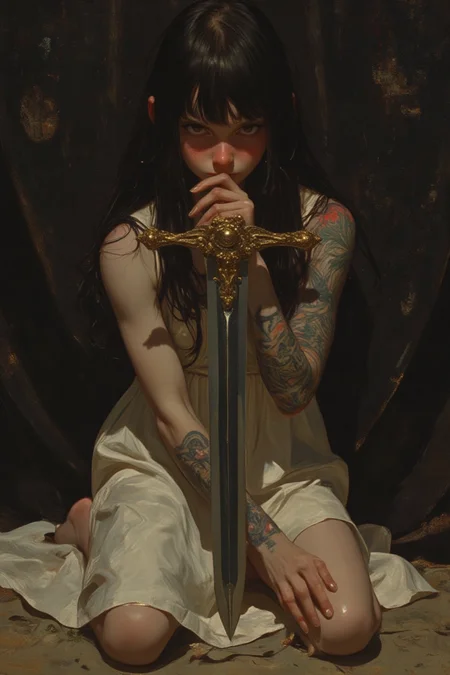 This photograph captures a powerful and dramatic moment featuring a young woman with medium skin tone, possibly of mixed ethnicity, kneeling against a dark, textured backdrop. Her long, straight black hair, with bangs framing her face, complements her intense, focused expression as her eyes lock directly onto the camera, conveying a sense of strength and determination. She wears a loose, silky off-white slip dress that gently drapes around her body, highlighting her toned arms and legs. The soft fabric contrasts with the striking tattoos adorning her arms—detailed floral and abstract designs that add to her individual, fierce identity.

In her hands, she holds a large, ornate sword with a golden hilt and a long, reflective blade. The sword is positioned vertically, its tip resting on the ground while the hilt is held close to her chest, symbolizing both power and protection. The dim, moody lighting casts soft shadows across her figure, accentuating the contours of her body and the intricate details of the sword, as well as the textures of her dress. The overall composition evokes a sense of authority, with the woman's confident stance and the symbolic presence of the sword capturing a striking, empowering image. The atmosphere is one of quiet strength and unspoken resilience, creating a powerful visual narrative.