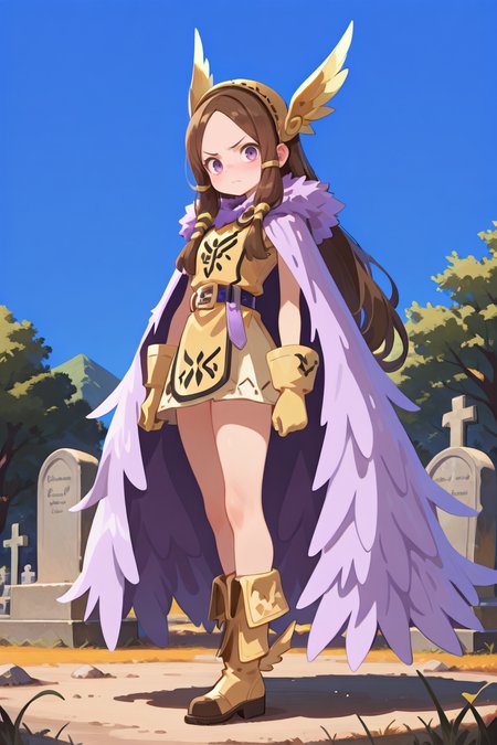 masterpiece, very aesthetic, absurdres, best quality, amazing quality, high resolution, newest, very awa, <lora:illustrious_quality_modifiers_masterpieces_v1:0.8> , <lora:ChamIllustriousBackgroundEnhancer:0.5>,  (solo),   <lora:ValkyrieYggdraIL:0.8> , valkdef, 1girl, purple eyes, brown hair, long hair, winged hairband, fur cloak, yellow tunic, purple belt, yellow gloves, yellow boots, winged footwear, full body, exterior, valkyrie, wasteland, frown, bloody, cemetery, looking at viewer,<lora:haiz_ai_illu:1> , haiz_ai, no lineart, no outline,