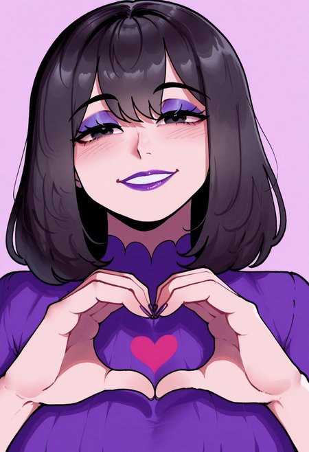 1girl, solo, medium build, medium hair, sfw, safe for work, covered skin, flowy dress,  black eyes, purple lipgloss, smiling, portrait, upper body, heart hands, foreshortening, detailed, newest, nyantcha