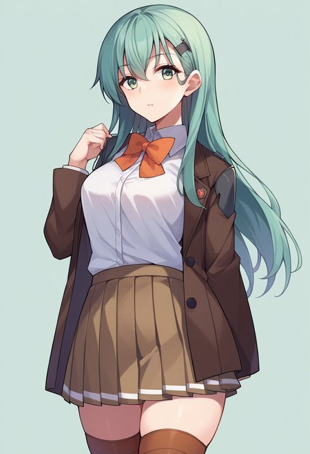 score_9, score_8_up, score_7_up, source_anime, suzuya (kancolle), hairclip, brown thighhighs, pleated skirt, open shirt, blazer, bare shoulders, bow, thighs, cowboy shot