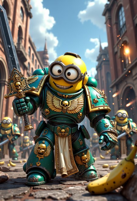 space marine. A Minion with oversized goggles dressed in power armor in the style of the Ultramarines, with added banana motifs and golden details. The Minion is without a helmet (no helmet:2.0), showcasing their iconic Minion goggles, expressive eyes, and wide smile. The Minion is wielding a power sword with a glowing edge, banana-themed pommel and glowing runes. The Minion is depicted in a scene such as: engaging in a fight with Ork Minions, chainsword buzzing, while other Minions clumsily fight in the background, occasionally tripping over. The Minion's expression is heroic but with a goofy smile. The scene should be depicted in a colorful but gritty Warhammer 40k style, with bright yellows and blues to emphasize the Minionsâ classic color scheme. The armor and weapons are detailed with ornate designs, but humor is maintained through Minion-themed accessories and comical touches. Witty details include: a Minion Chaplain wearing a robe, with a giant yellow smiley face badge pinned to it. Background elements should resemble classic Warhammer 40k settings but with a humorous Minion twist, such as: a battle-worn cityscape with Minion statues posed heroically, some holding bananas instead of weapons. , <lora:sm2.safetensors:1.0:1.0>