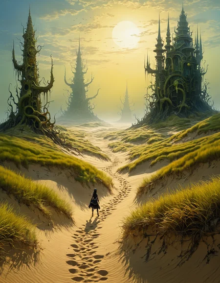 hyper detailed,  serene, alluring, telegenic, strange, by Yaacov Agam  and by Evaristo Baschenis , famous artwork inspired by (shadow of the colossus:1.1) and (hollow knight:1.2) and (glen cook:1.2), (fractal art:0.8), the worryingly beautiful "mossy rubytiders" are dreadery (towering:1.4) botanical noodlequark with countless extremities, (inexorably crossing the sandy dunes:1.3) of planet "gullible iv" where they plinkify moisture from the air and use it to sustain themselves and the many boondiversed symbiotic creatures that live on and around them, Expressionism, raw, emotional, dynamic, distortion for emotional effect, vibrant, useunusual colors, detailed,, dark, shadows, black, shadow hues, highly artistic, highly painterly, harmonic colors, expressive, ultimate aesthetic level, visible brushstrokes, masterclass artistry, vibrant energy, apocalyptic mood, atmospheric haze and dense fog, strong winds,  highly aesthetic, otherworldly, limited palette,  faded colors, washed out colors, extremely dark, extremely low key lighting, dark shadows, perfect composition, full panoramic shot
