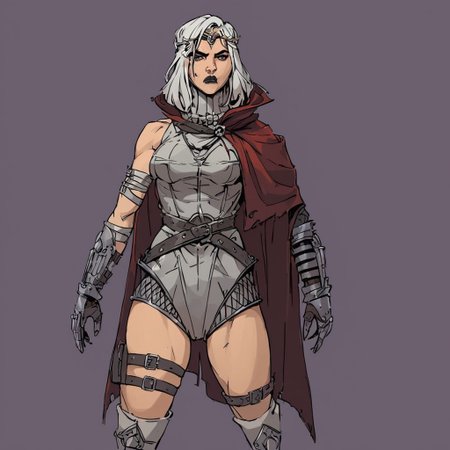 score_9, score_8_up, score_8_up, absurd res, 8k scale textures, nsfw, beautiful scene, artistically shaded and colored, a drow girl in a castle, highly detailed, g0thicPXL,silver  gambeson leotard, gauntlets, skulls, toned body, circlet, belt, thigh band, dark fantasy, busty, spot color, angry face, ink texture, white hair, dark, black lips, face guard, cape, dark shadows, close up, detailed background