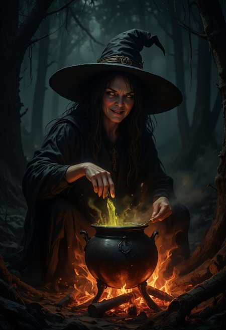 horror show, monster, nightmare, fear, Cinematic style, Beauty, 
realistic portrait of old woman, witch, long black hair, witch hat, yellow eyes, pale face, black vests, brewing potion in cauldron over raging fire, evil smile, in dark forest