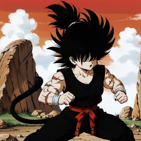<lora:SolYulaanXL:0.8>, SolYulaan, 1girl, highvoltaghair, hair over eyes, obscured eyes, hair tied, spiky ponytail, crazy hair, wild spiky hair, free hair,  kung fu pose, martial arts stance, kung fu stance,   black shirt, black kung fu pants, Yaban girl, black Saiyan tail, red sky, white clouds, rocky landscape, badlands, muscular girl, LucyLoudhair,battle scars,  cute face,  <lora:EarlyAkira_v4:.6> drgbls1, retro artstyle, 1980s \(style\), anime coloring,