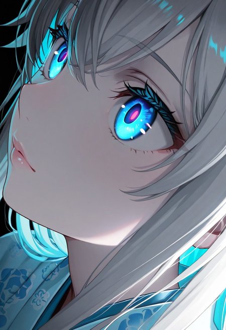 masterpiece, best quality, highly detailed, anime, Yukinoshita Yukino, //(oregairu)// 1girl, solo, close-up, serene anime girl with pale white skin,  colored skin, (white skin:1.3), long glossy white hair with bangs, glowing blue eyes with a hypnotic sparkle, soft cinematic warm lighting casting gentle shadows, wearing a light blue kimono with subtle floral patterns, mysterious and cozy atmosphere, detailed hair texture with sharp lines, vibrant colors, dark background, highres, focus on glowing eyes, intricate details, --ar 9:16, --v 5, --q 2, negative prompt: low quality, blurry, distorted, extra limbs