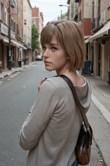 <lora:Max_Caulfield_life_is_Strange_101:0.75> maxcaulfield101 freckled score_9, score_8_up, score_8 looking at a photo in a back street