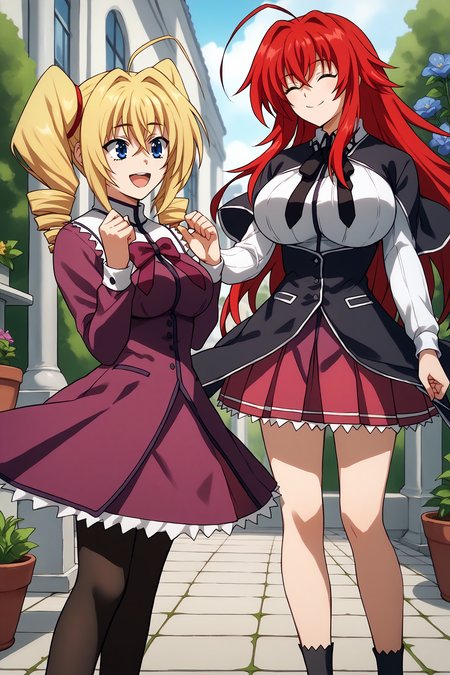 score_9, score_8_up, score_7_up, score_6_up, source_anime, two girls standing, talking to each other, garden, outdoors, city BREAK 1girl, <lora:ravelphenex-pdxl-nvwls-v1-000004:1> dxdRP, blonde hair, ahoge, twin drills, blue eyes, breasts, purple dress, long sleeves, purple bow, white collar, frilled dress, black pantyhose, happy, hands up, from side BREAK 1girl, <lora:rias-pdxl-nvwls-v1:1> dxdRG, red hair, ahoge, long hair, big breasts, black capelet, neck ribbon, white shirt, long sleeves, school uniform, purple skirt, smile, closed eyes, happy, tall