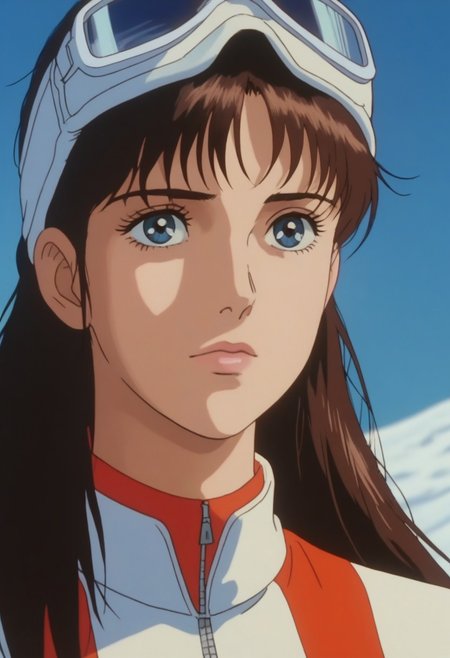score_9, score_8_up, score_7_up, realistic, fine anime screencap_xl, anime screencap, miakoji, ronin warriors, solo, 1girl, retro, brown hair, 1980s (style), bangs, long hair, blue eyes, portrait, ski suit, goggles, toboggan cap