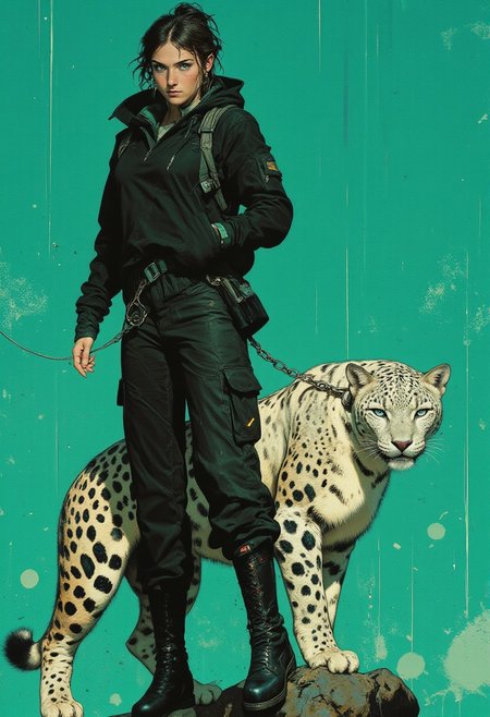 A hyper-realistic digital artwork of a futuristic fashion illustration featuring a slender, athletic woman with a perky bust and hourglass figure, captured in a full-body composition against a vibrant teal background. Her pale complexion contrasts with her short, dark hair styled in a sleek high ponytail, emphasizing her modern urban aesthetic. She wears an oversized black hoodie with minimalist detailing, the hood down and sleeves casually rolled up to reveal her forearms, paired with oversized black cargo pants featuring multiple deep pockets and utility straps for a bold yet functional look. Completing the outfit are high black boots with rugged soles and subtle metallic accents, blending contemporary streetwear with futuristic styling. Beside her stands a realistic snow leopard, fully visible in the frame, its thick creamy-white coat patterned with striking black rosettes. Its muscular build, large paws, and fluid posture radiate both power and elegance, while its piercing icy-blue eyes add a commanding aura. A sleek, minimalist chain leash connects the two, symbolizing a unique bond of strength and grace. The vibrant teal background intensifies the contrast of her pristine attire and the leopard’s fur, with subtle shadows anchoring them in the scene. This 8K artwork captures intricate textures, from the soft folds of fabric to the dense fur of the leopard, blending urban fashion with untamed natural beauty in a striking, dynamic composition.