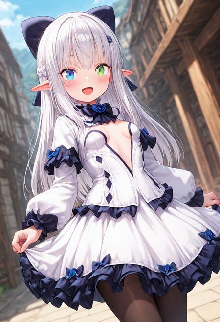 masterpiece, best quality, amazing quality, very aesthetic, high resolution, ultra-detailed, absurdres, newest, scenery,(depth of field:1.5),
(super fine illustration,professional quality,ultra high res), beautiful detailed eyes,
(high brightness),
break
sel_avatar,
elf ears, 
white hair, 
blue eyes, green eye, heterochromia,
long hair, sidelocks, braided hair rings,
black cat hairclip, hair bow, large bow,
impossible dress, frilled dress, puffy long sleeves, frilled sleeves, front slit, breasts apart,
frilled collar,
bowtie, bowtie flower,
pantyhose,
mary janes,
small breasts,
1girl, 
blush, happy,
(dutch angle:1.2), (cowboy shot:1.2),