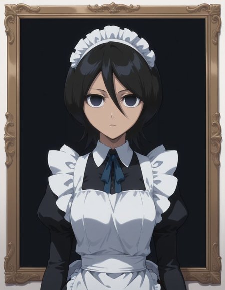 masterpiece, best quality,  <lora:Mind_Controlled_Rukia:1>, 4ukia, short hair, black hair, dark blue eyes, empty eyes, (maid:1.2), upper body, arms at sides,